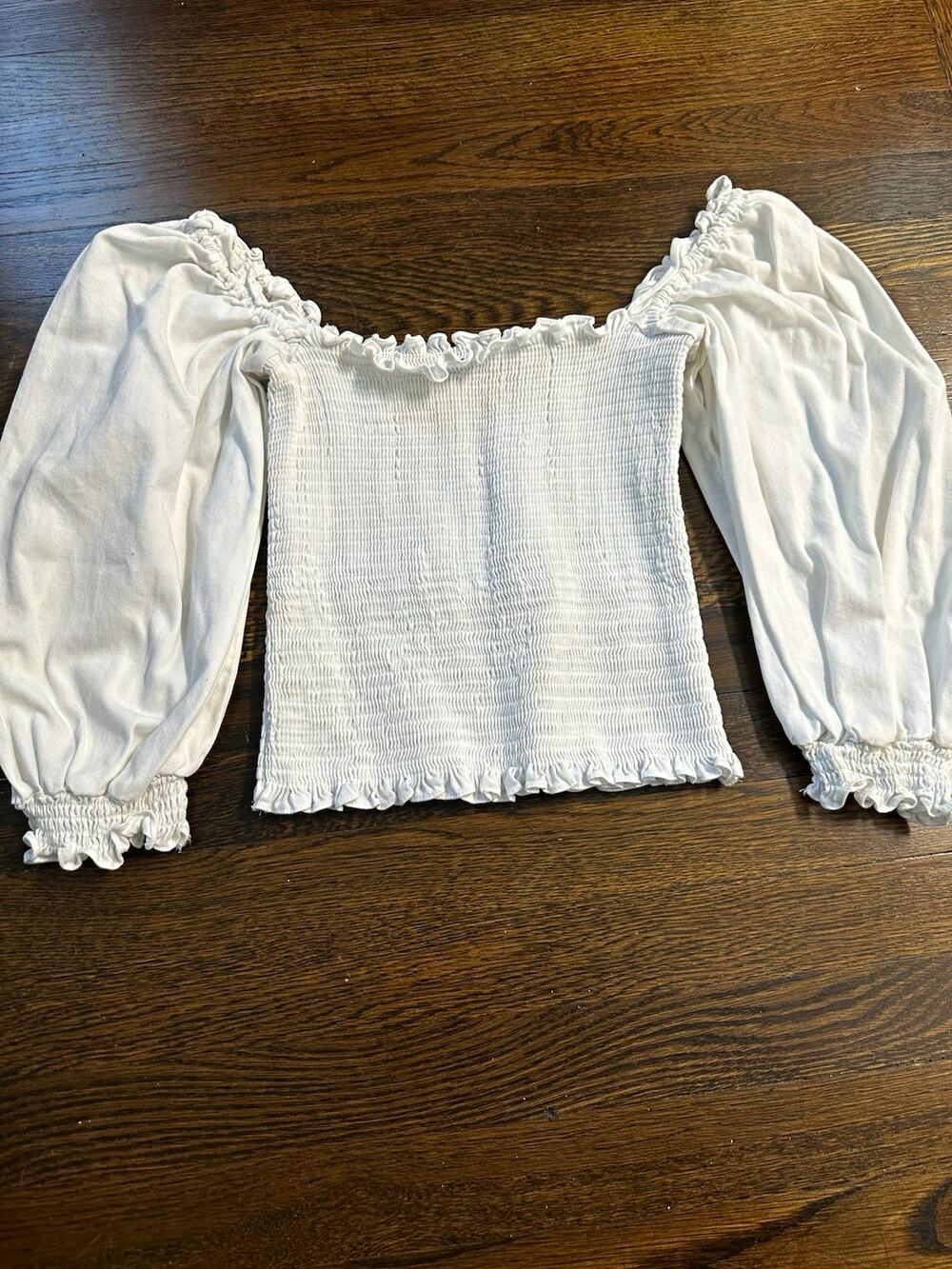 Kourt White Solid Smocked Square Neck Puff Long Sleeve Cotton Blouse L